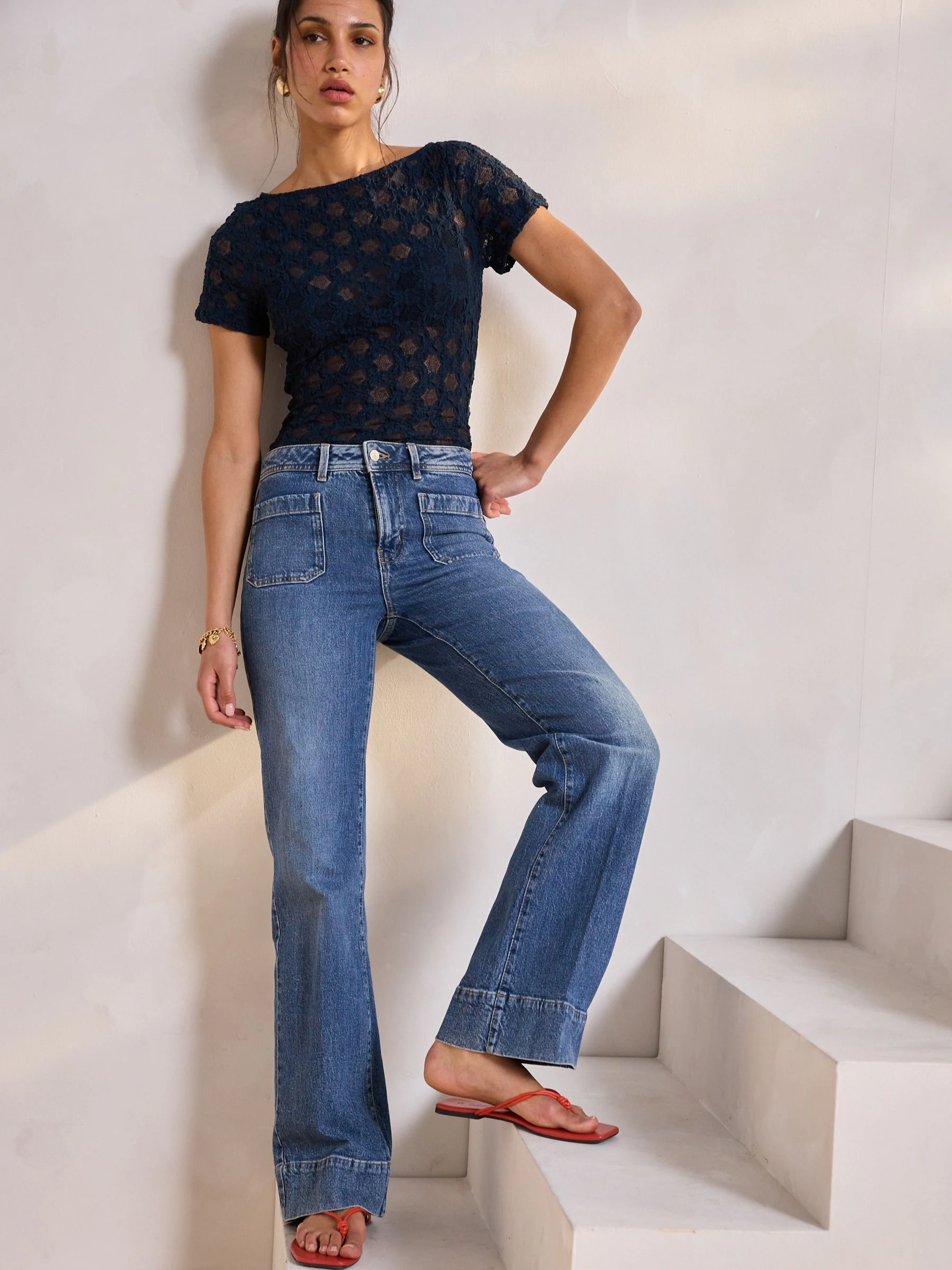 Donkerblauw - Jeans met wijde pijpen en opgestikte zakken