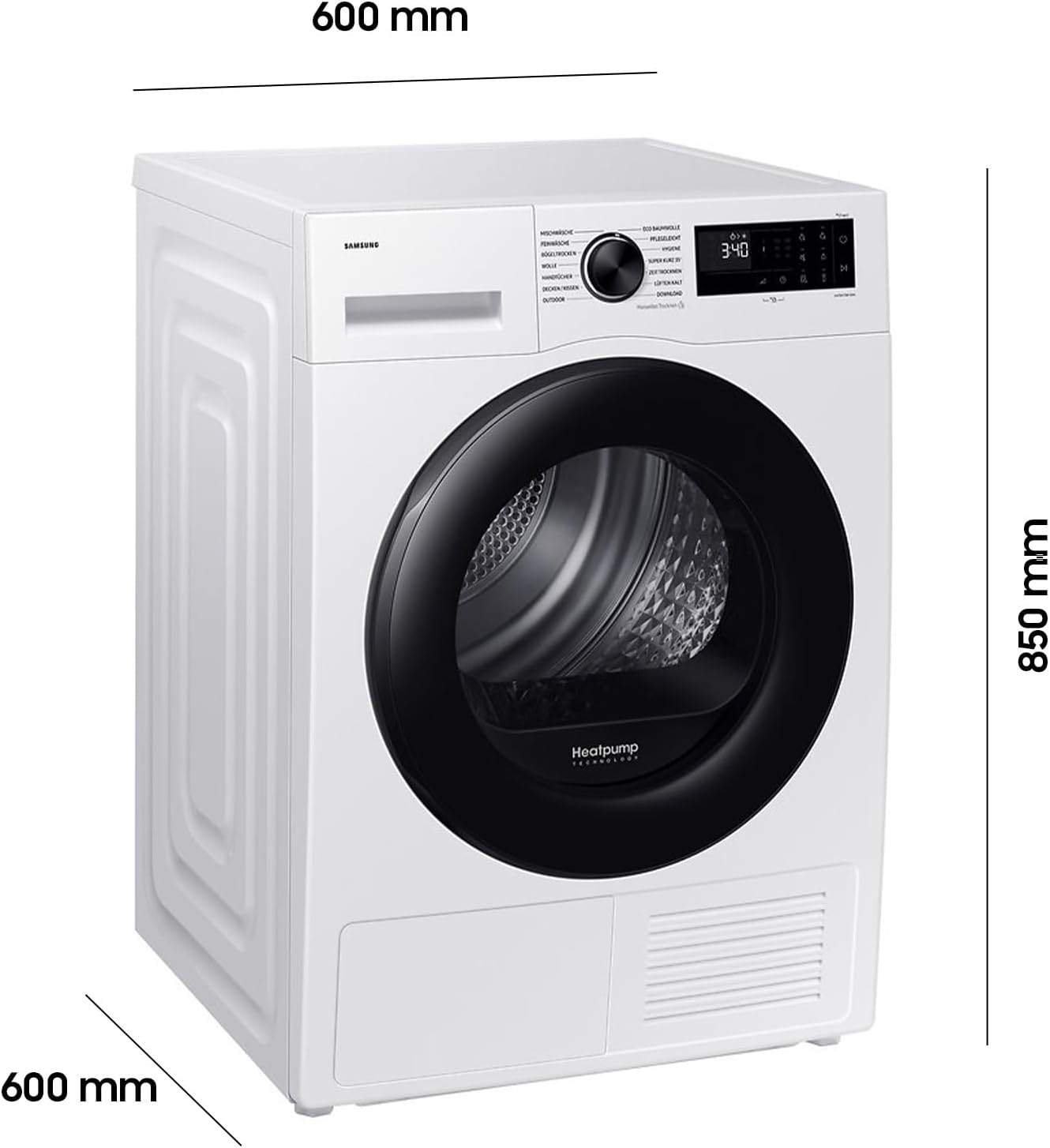 Samsung DV91DG52A0AEEG Wärmepumpentrockner, 9 kg, EEK: C, AI Wäschetrockner mit WiFi-SmartThings-App, LED-Display, Hygiene-Programm, Air Refresh, Knitterschutz, Weiß