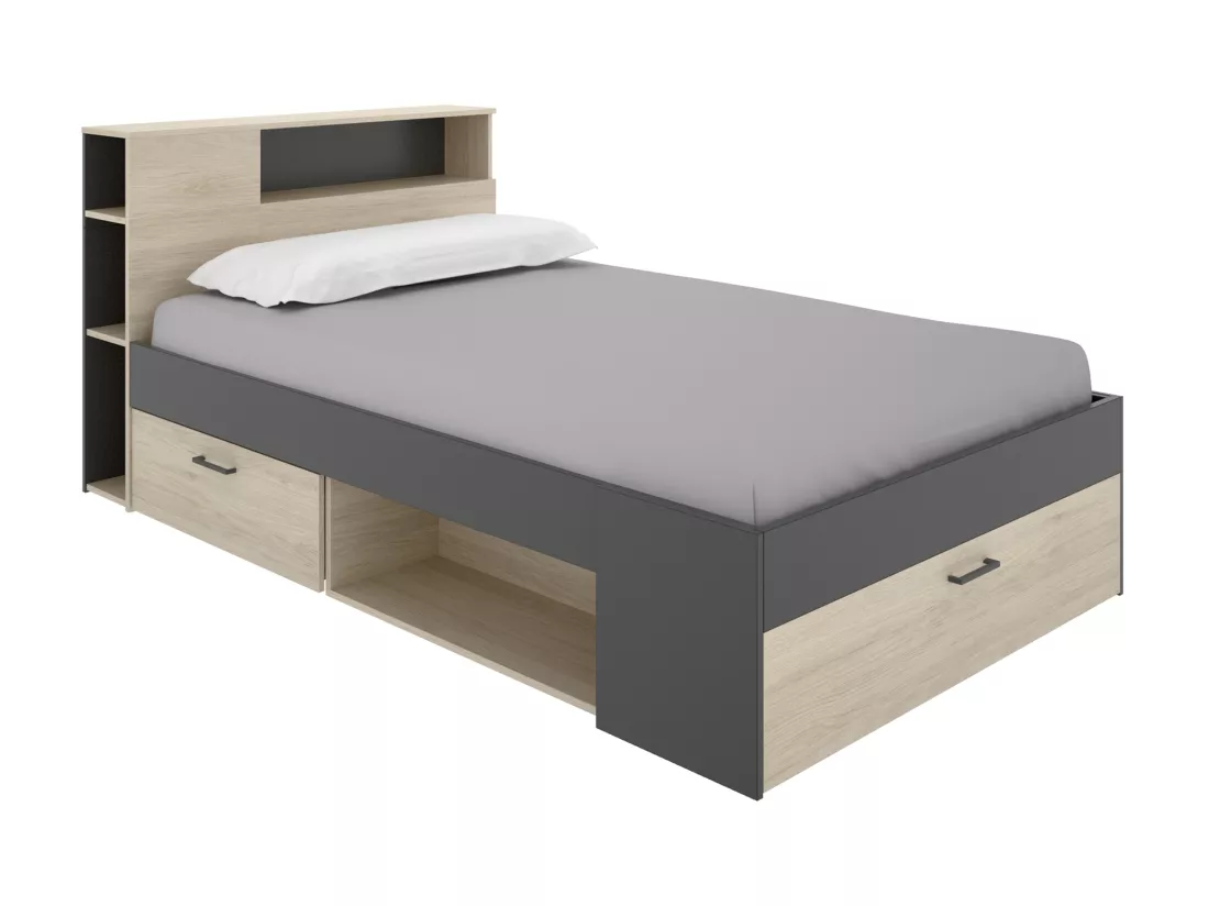 Lit avec tête de lit rangements et tiroirs - 120 x 190cm - Coloris : Naturel et anthracite + Sommier - LEANDRE
