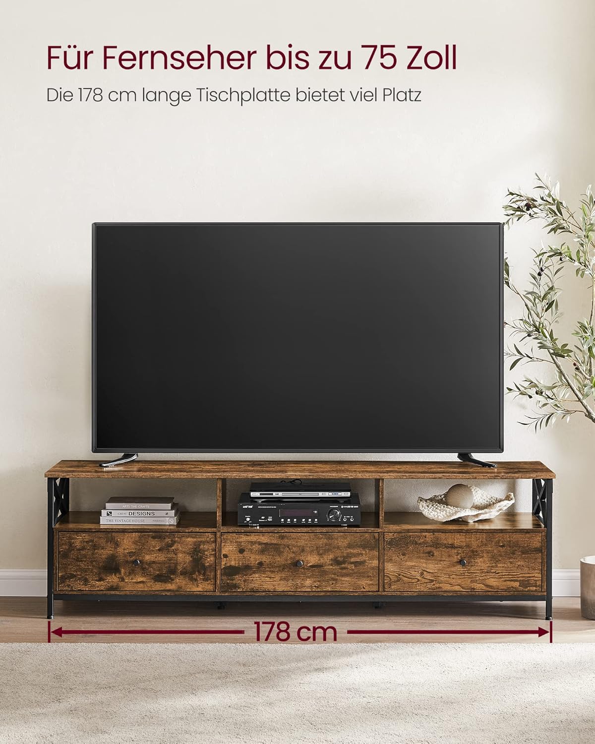 VASAGLE TV-Schrank, Lowboard für Fernseher bis zu 80 Zoll, Fernsehtisch mit 3 Schubladen, 3 offenen Fächern, 178 x 40 x 50 cm, Wohnzimmer, Stahlgestell, vintagebraun-schwarz LTV302B01
