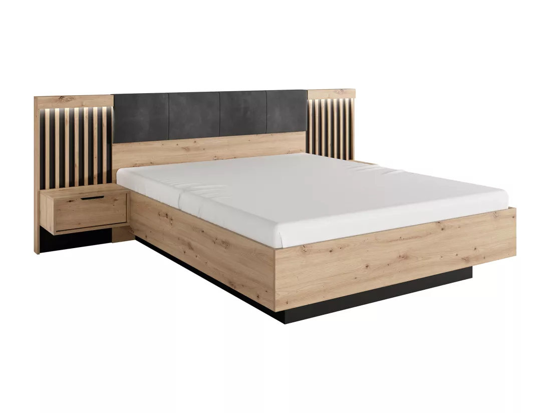 Ensemble lit avec chevets 160 x 200 cm + Sommier + Commode + Armoire - Coloris : Naturel et noir - ARIADA