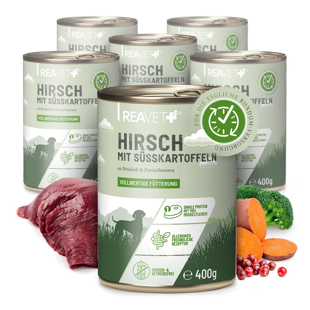 REAVET Hundenassfutter - Hirsch mit Süßkartoffel an Brokkoli & Preiselbeeren 6x400 g