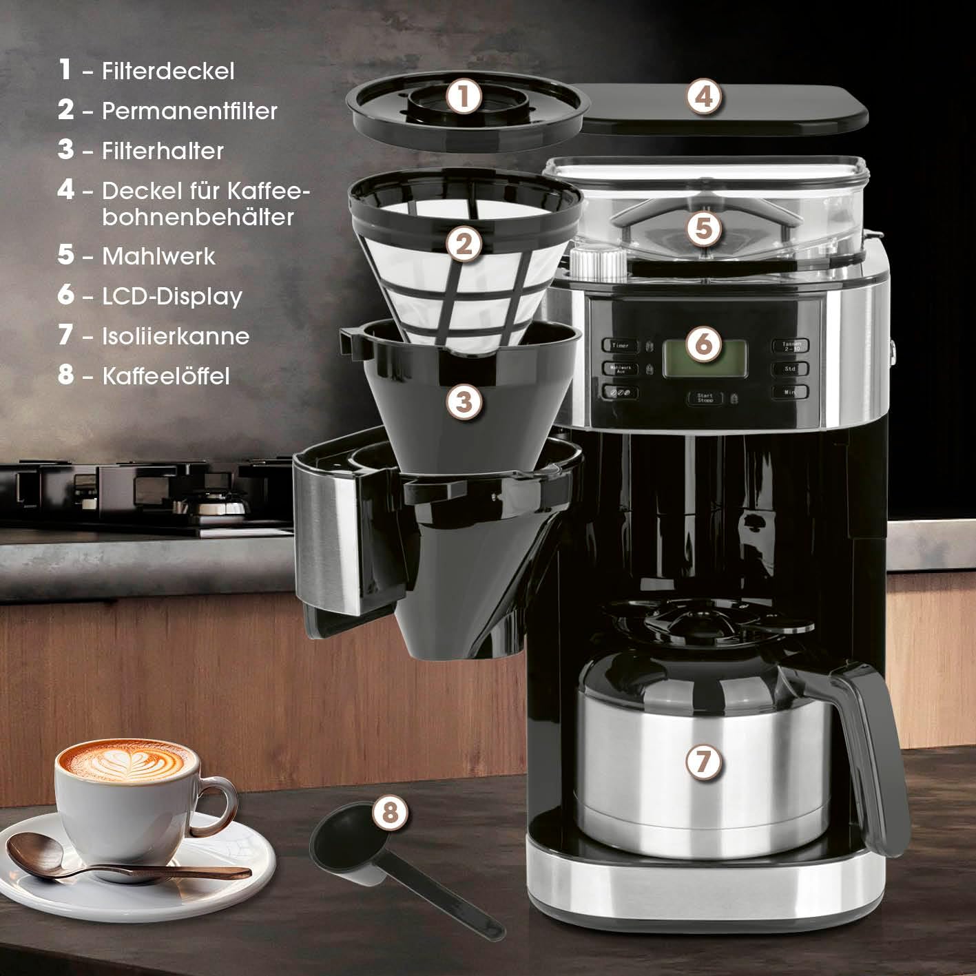 Barista Filterkaffeemaschine mit verstellbarem Mahlwerk & Thermokanne | Warmhaltefunktion, 24h Timer & Permanentfilter | Für 10 Tassen Kaffee | Kaffeemaschine für Bohnen & Pulver [Edelstahl]