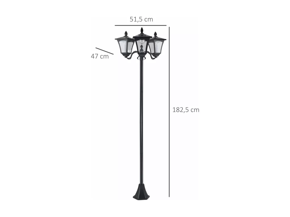 Lampadaire de jardin luminaire extérieur solaire LED 3 têtes 120 Lm dim. 51,5L x 47l x 182,5H cm acier inox. plastique noir