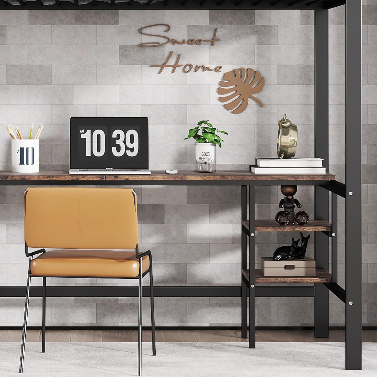 Merax Hochbett 90x200cm mit Schreibtisch & Lagerregal, Stabile Metallbett Etagenbett mit Lattenrost & Rausfallschutz, Platzsparend Stockbett Kinderhochbett Jugendhochbett, Eisen+Spanplatte, Schwarz