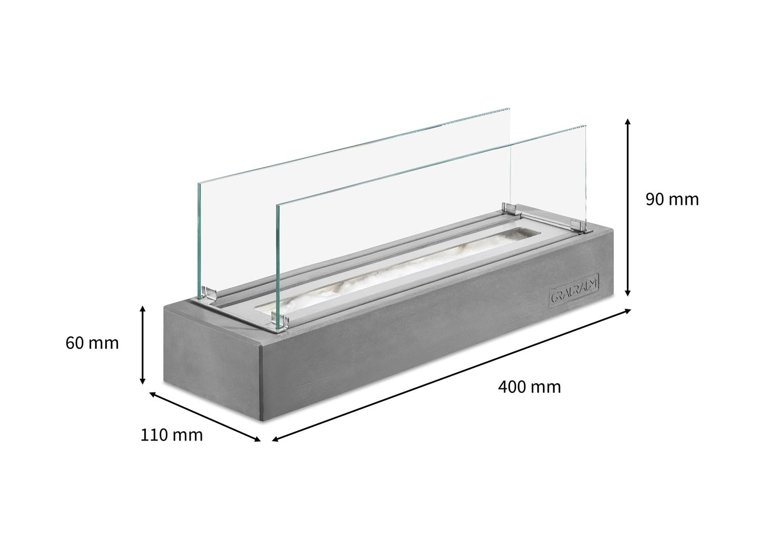 GRAURAUM Bio-Ethanol Kamin Tischkamin: Indoor & Outdoor Kaminfeuer mit Glas - 40cmx11cmx6cm Deko Tischfeuer für Wohnzimmertisch & Garten - Handgemacht in Deutschland