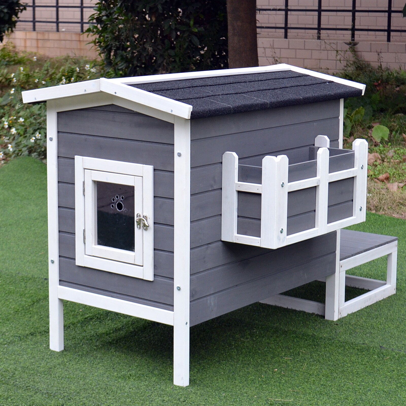 PawHut Katzenhaus mit Terrasse und Balkon grau, weiß 115 x 66,5 x 74,7 cm (LxBxH)