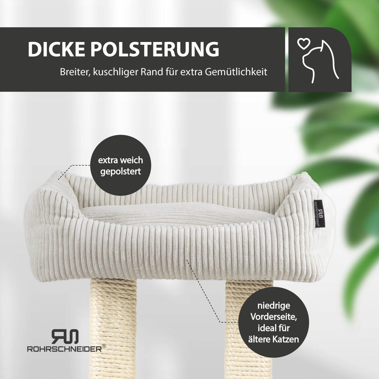 Rohrschneider ® moderner Kratzbaum, Kratzsäulen aus Vollholz, Katzenbett mit Wendekissen