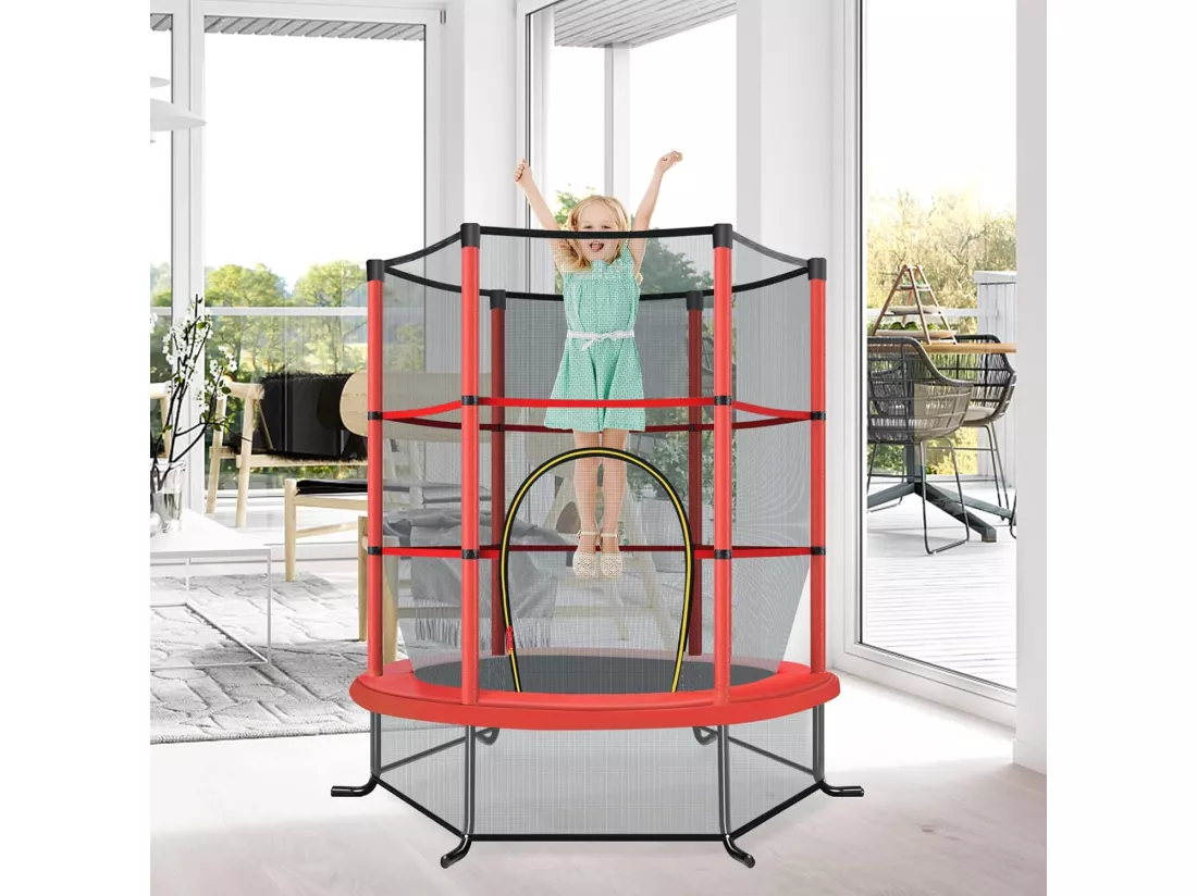 Trampoline de Jardin pour Enfants Ø165 CM avec Filet de Protection,Appuis de Ressorts et Structure en Acier, Rouge