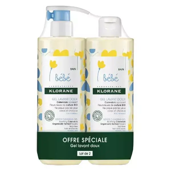 Gel de Limpeza Suave Klorane Baby Calendula, Pacote com 2 x 500ml