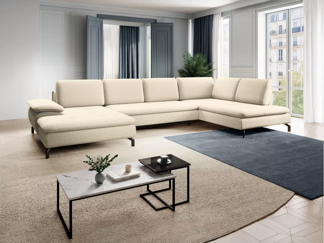 Grand canapé d'angle droit panoramique convertible en tissu texturé beige ARCHIBALD