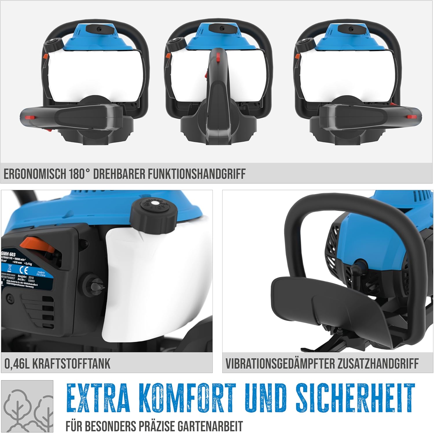 Güde 93993 Heckenschere GMH 603 (2-Takt OHV Motor, 0,75 kW Motorleistung, Reversierstart) Blau/Schwarz