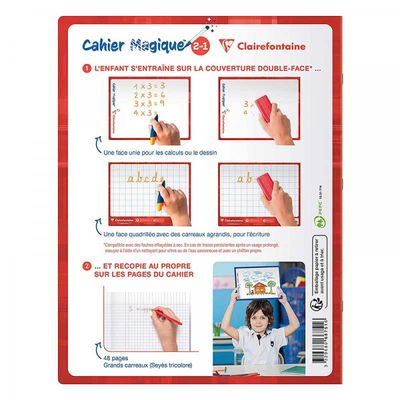 Clairefontaine - Cahier magique ardoise 17 x 22 cm - 48 pages - grands carreaux (Seyes) - couverture effaçable double-face
