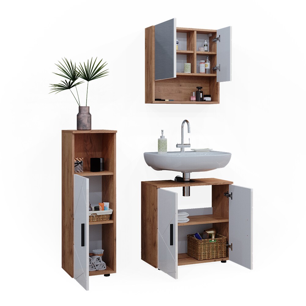Vicco Badmöbelset Irma Eiche Weiß Hochglanz modern Badezimmerschrank Badschrank Badezimmermöbel Waschtischunterschrank Spiegelschrank Midischrank Schranktür Schrankfach
