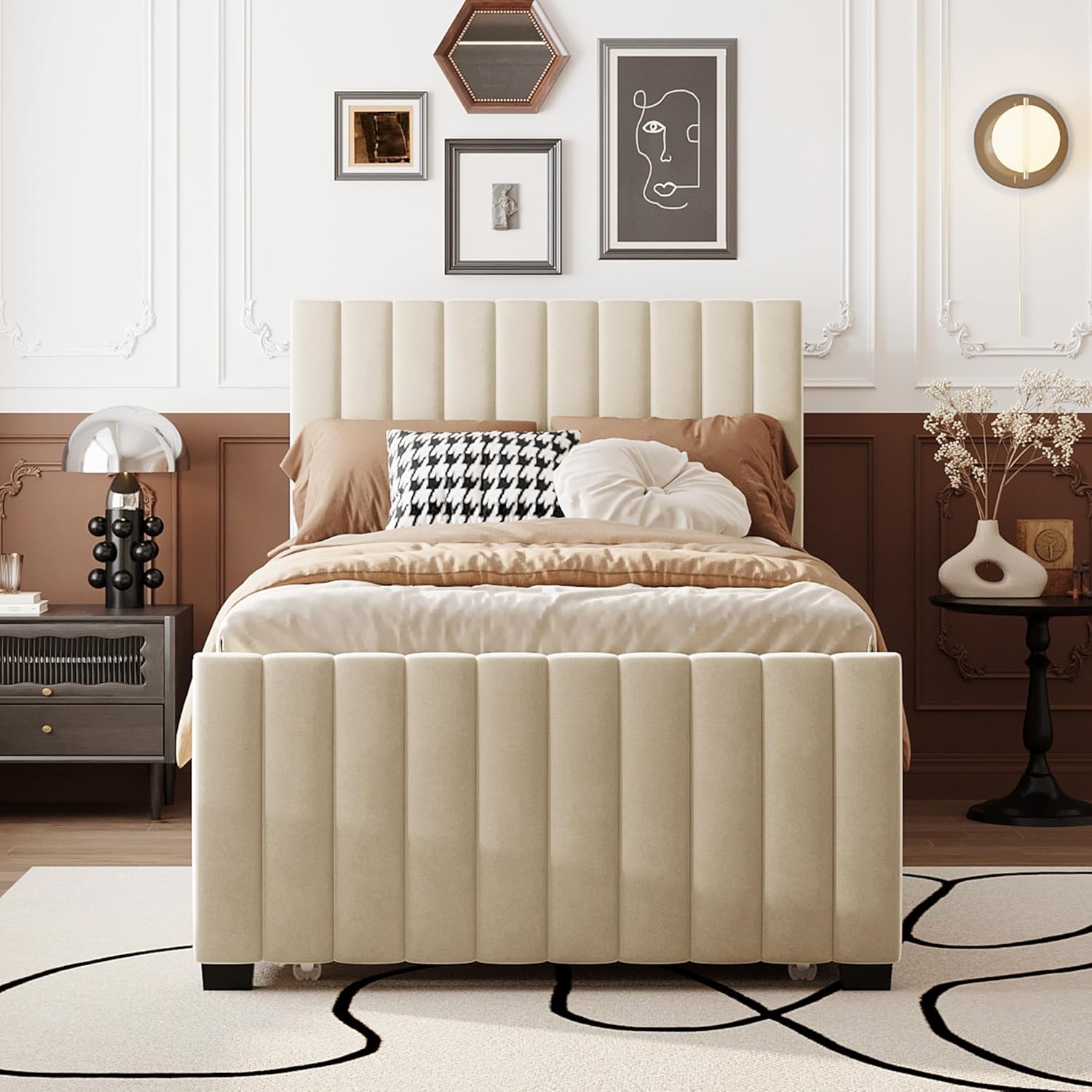 Kinderbett Polsterbett 90x190 cm mit Ausziehbett, Bett Einzelbett Doppelbett Jugendbett Gästebett Rückenlehne Bettgestell Flachbett mit Holz Lattenrost, hautfreundliches Samtstoff, Ohne Matratze,Beige