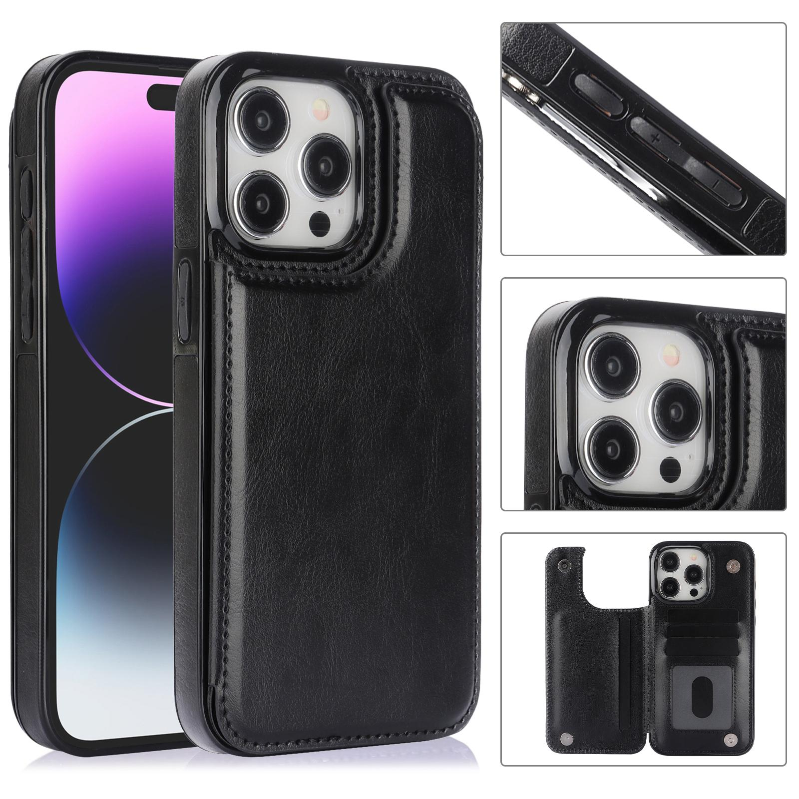 iPhone 15 Pro Hybrid Leder Hülle mit Kartenfach   Kickstand Aufsteller - Schwarz