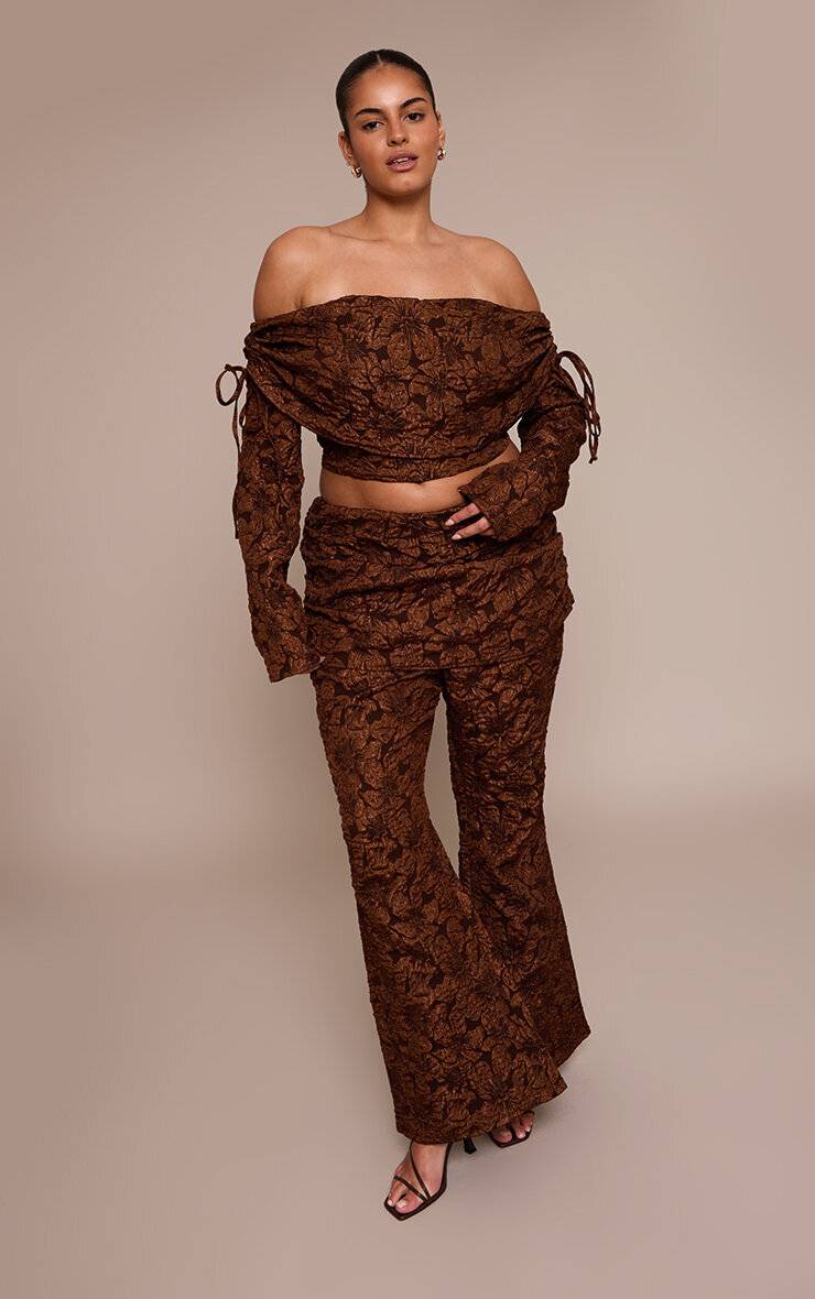 Chocolat Haut Bardot Jacquard Floral Grande Taille