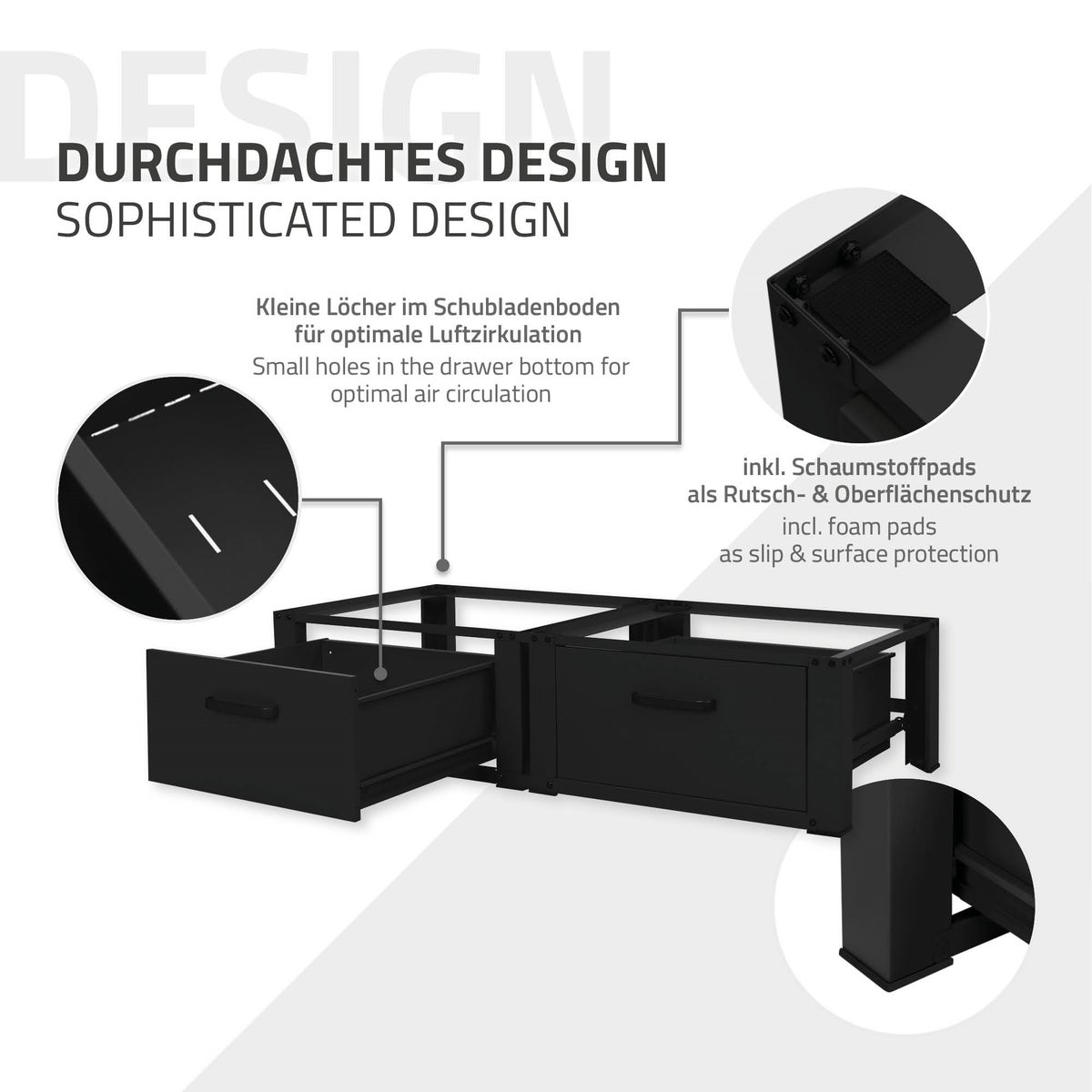 ML-Design Dubbele Wasmachine Onderstel met 2 Laden, Zwart, 128x53,5x31,5 cm, Wasmachine Onderstel 2-laags 2x150kg, Staal, Dubbele Onderstel Dubbele Voetstuk Plint Uitbreiding Droger Onderstel