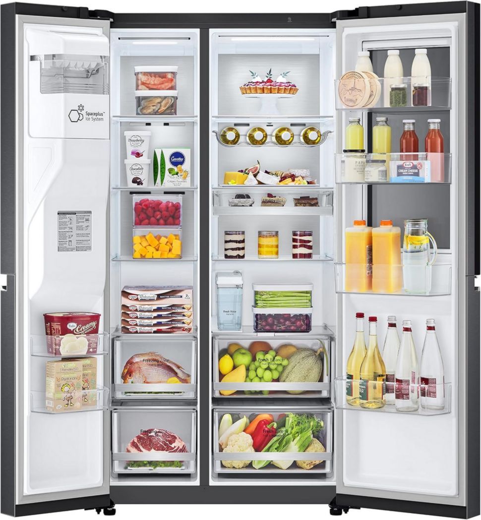 Réfrigérateur combiné LG GSXV91MCAF - Côte à côte, 635 L, InstaView, Total No-Frost, compartiment congélateur, distributeur d'eau et de glaçons UVnano, compresseur à onduleur linéaire, Wi-Fi, noir, classe F