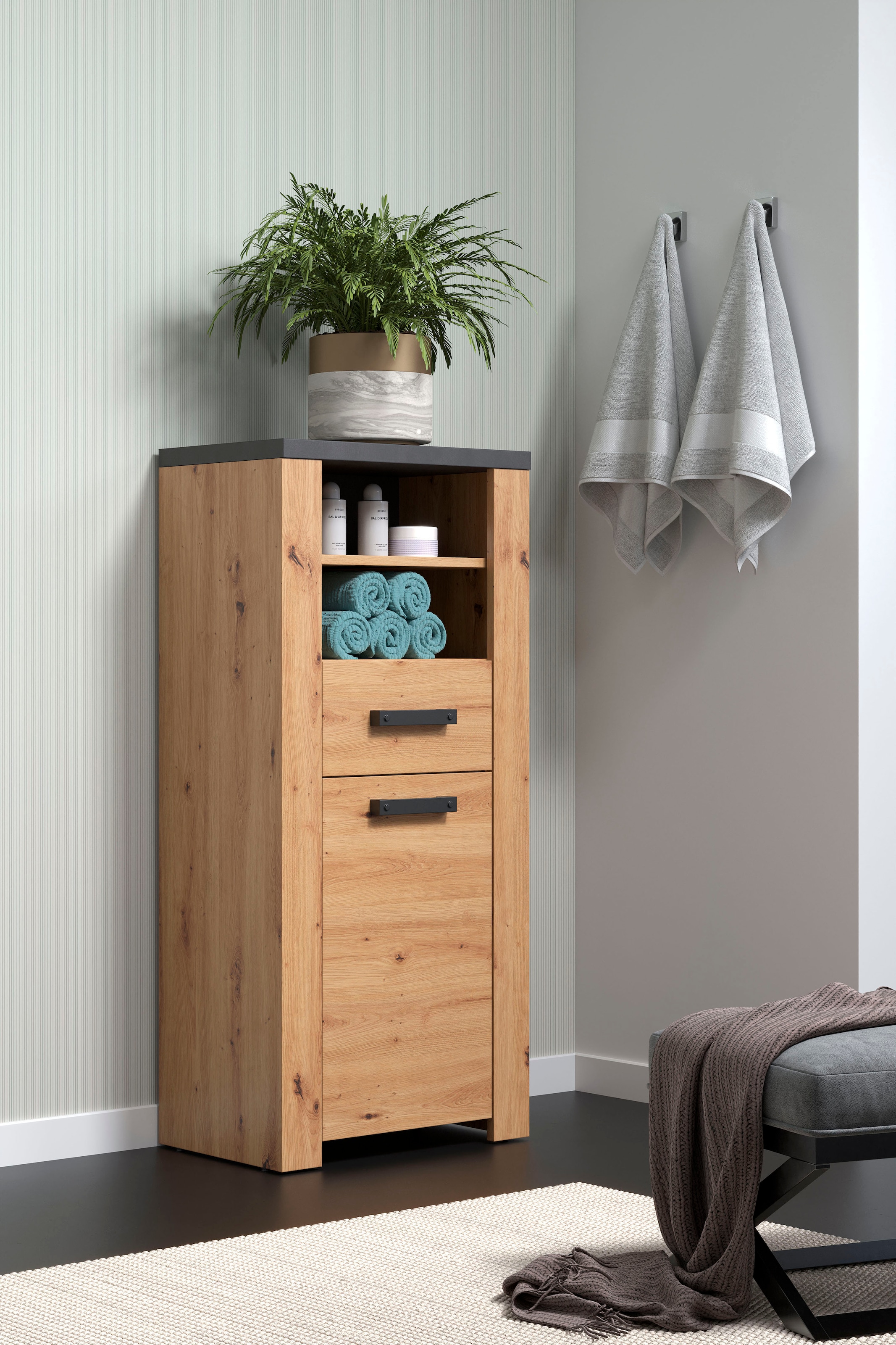 welltime Midischrank »Ambres« 1 Stk. tlg. Badschrank in matter Echtholzoptik - Masse (B/T/H) 53/35/118 cm