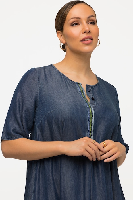 Lyocell-Kleid, Stickerei, A-Linie, Rundhals, Halbarm