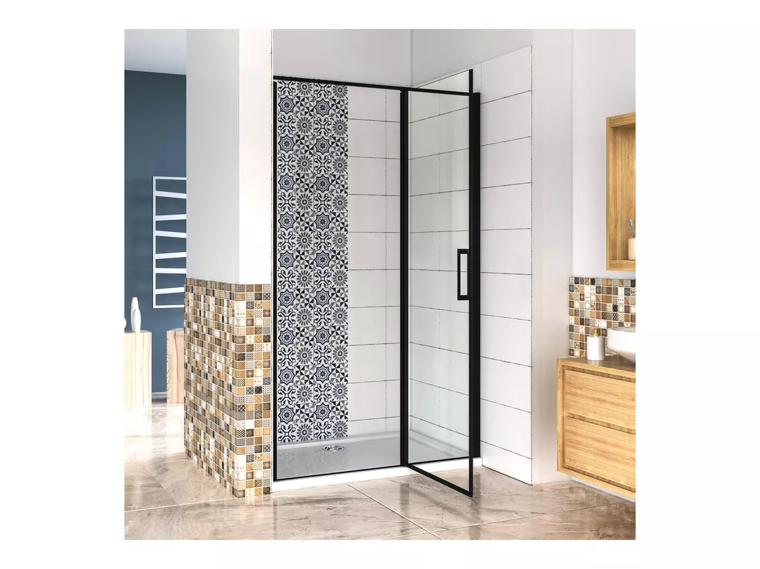 Porte de douche pivotante 80x185cm porte de douche noire en 6mm verre anticalcaire installation en niche