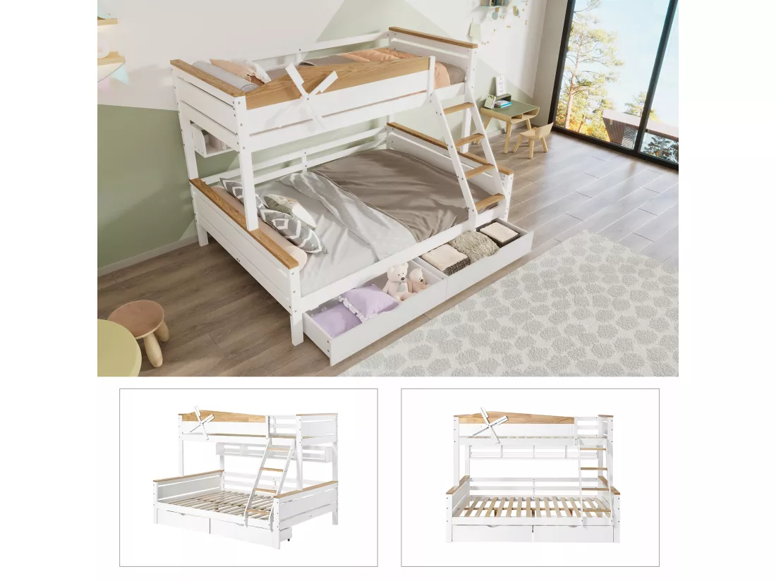 Lits superposés 2 x 90 x 200 cm + lit gigogne 90 x 190 cm - avec 2 grand tiroirs et tête de lit - pin + MDF - coloris: blanc + naturel