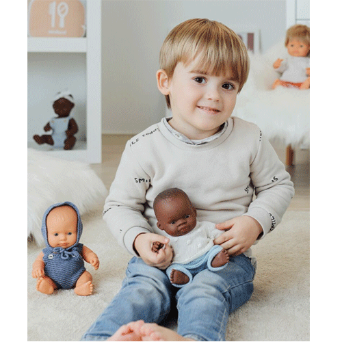 Miniland poppenkledingset broek en trui blauw-wit - 21 cm