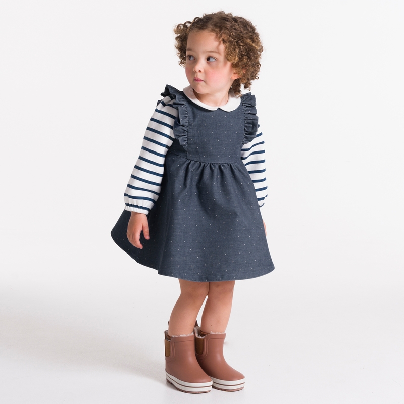 Robe à pois en velours côtelé bleue bébé fille