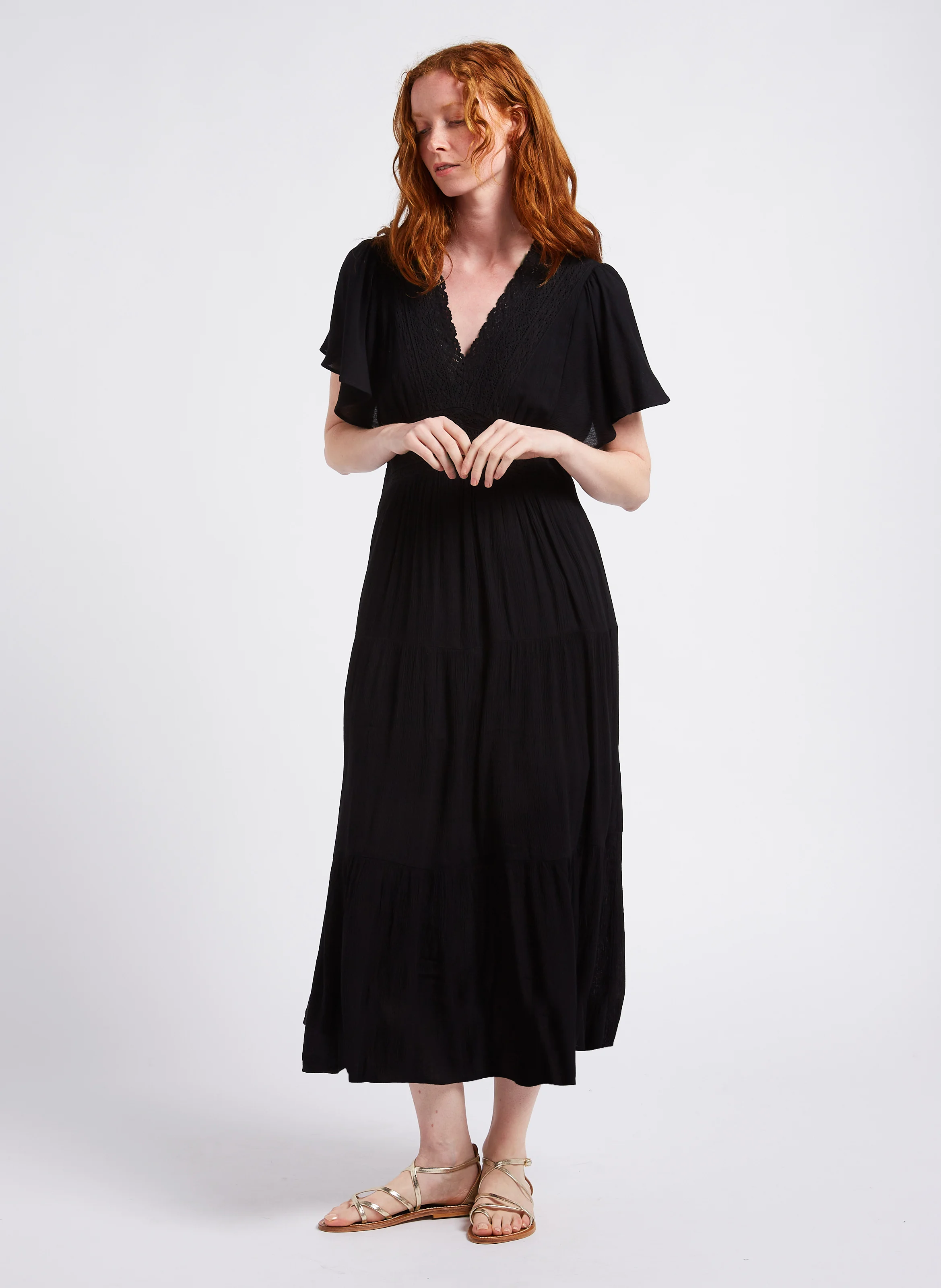 CAMILLE - Robe longue col V brodée| Noir