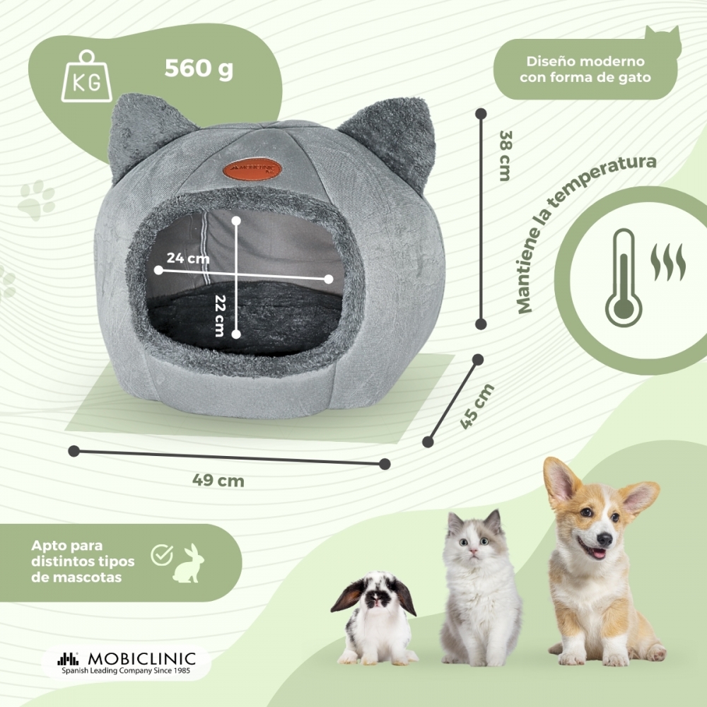 Ninho-caverna cinza para animais de estimação | Dobrável | Cinza | Confortável | Macio | 40x40x43 cm | Carga máxima 12 kg | HelloCatty | Mobiclinic