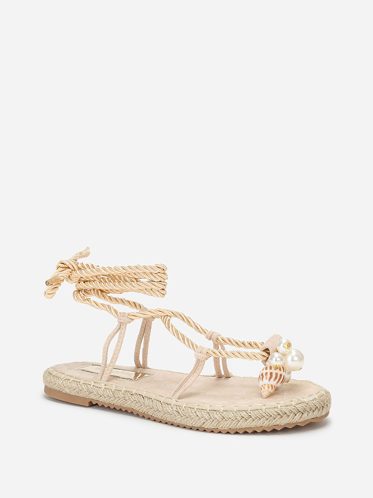 Nu-pieds en suédine à perles et coquillages- Beige