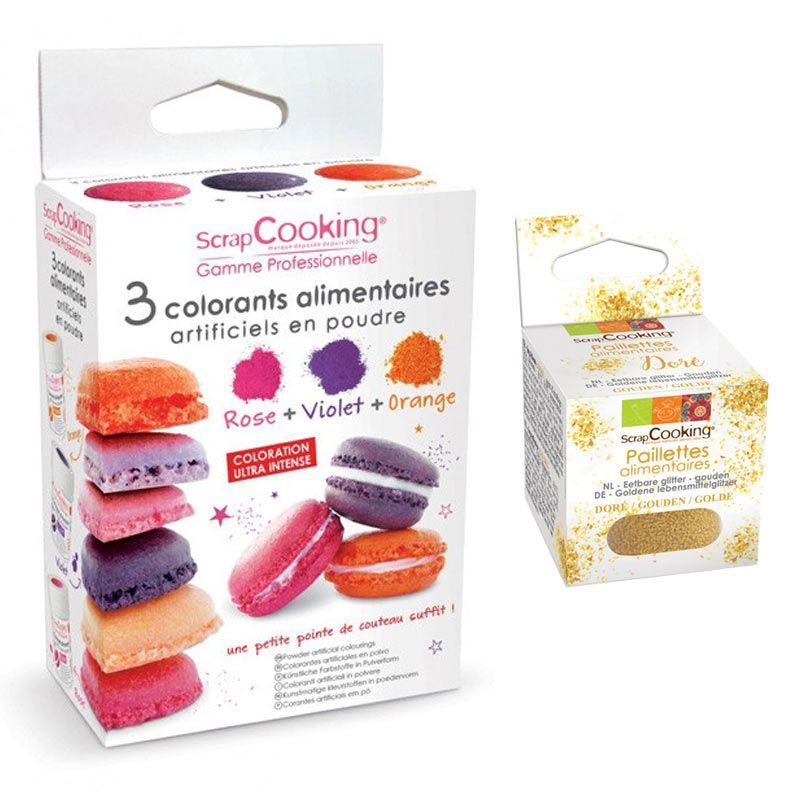 3 colorants alimentaires orange, violet, rose + paillettes dorées Scra