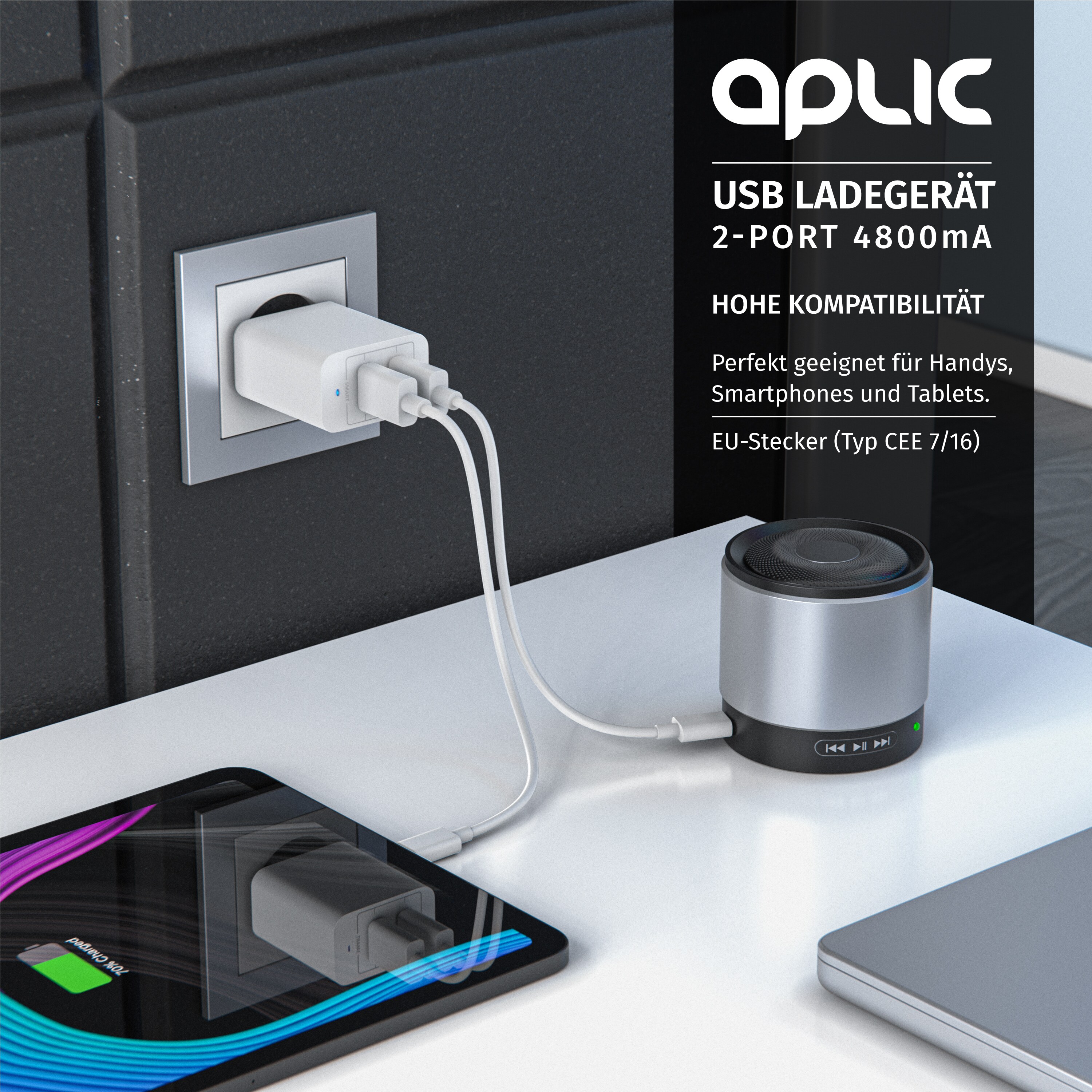 Aplic USB-Ladegerät 4800 mA, 2-Port Netzteil für Handy/Smartphone/Tablet, 4800mA - 2400mA je Port