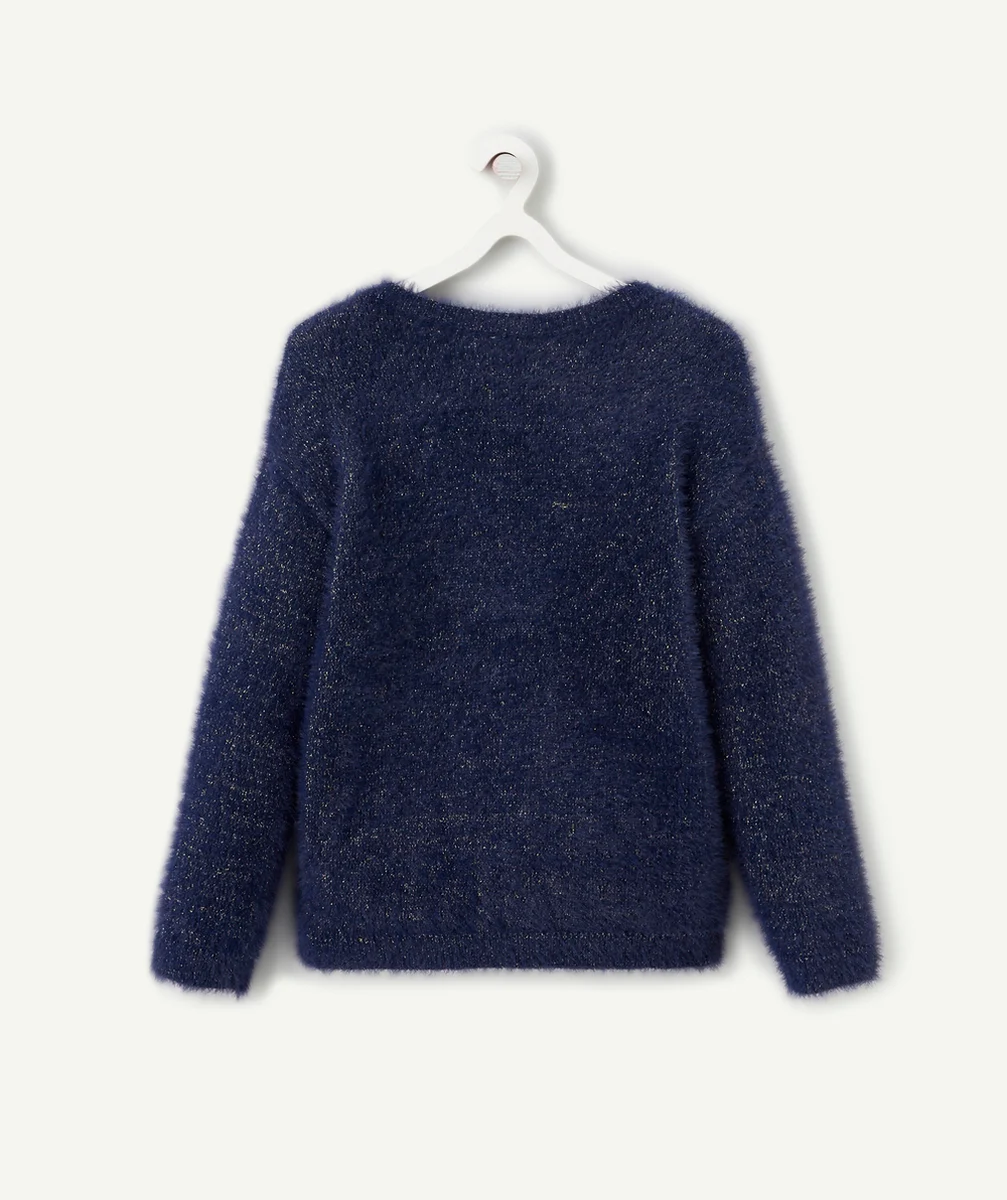CARDIGAN POILU FILLE BLEU MARINE AUX EFFETS PAILLETÉS DORÉS