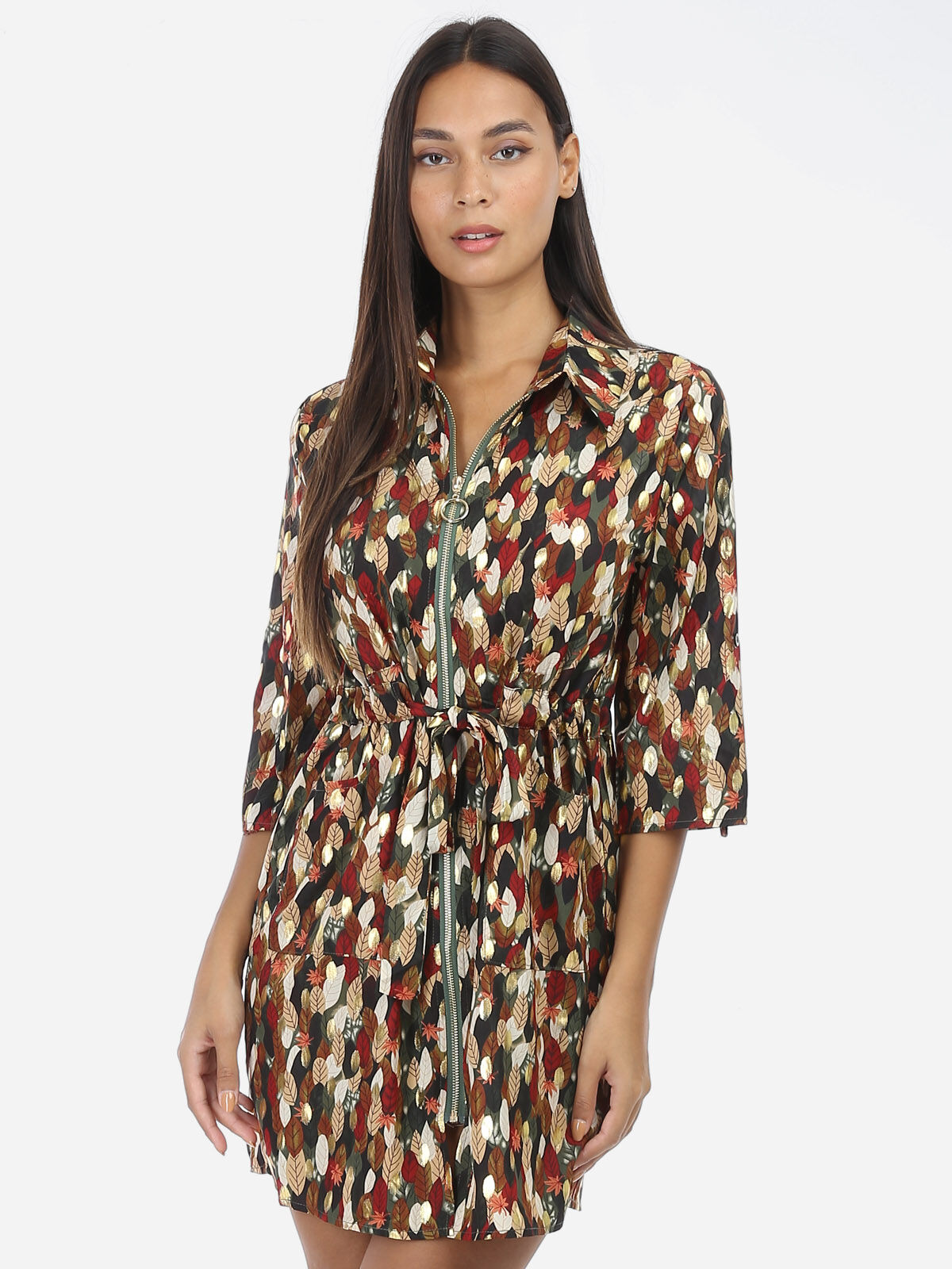 Robe à imprimé feuilles avec zip- Kaki