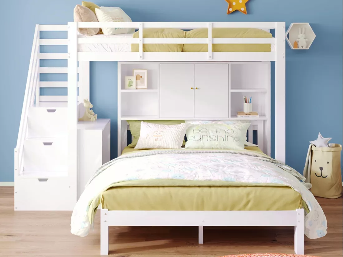 Lit superposé enfant 90x200 cm + 140x200 cm - avec escalier de rangement et bureau amovible - en Bois massif et MDF - Blanc