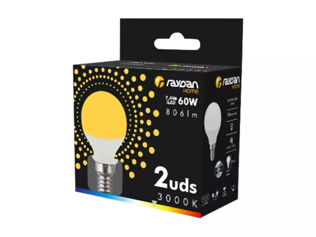 Pack de 2 Ampoules LED Sphériques E14 7,4W Equi.60W 806lm 15000H Raydan Home