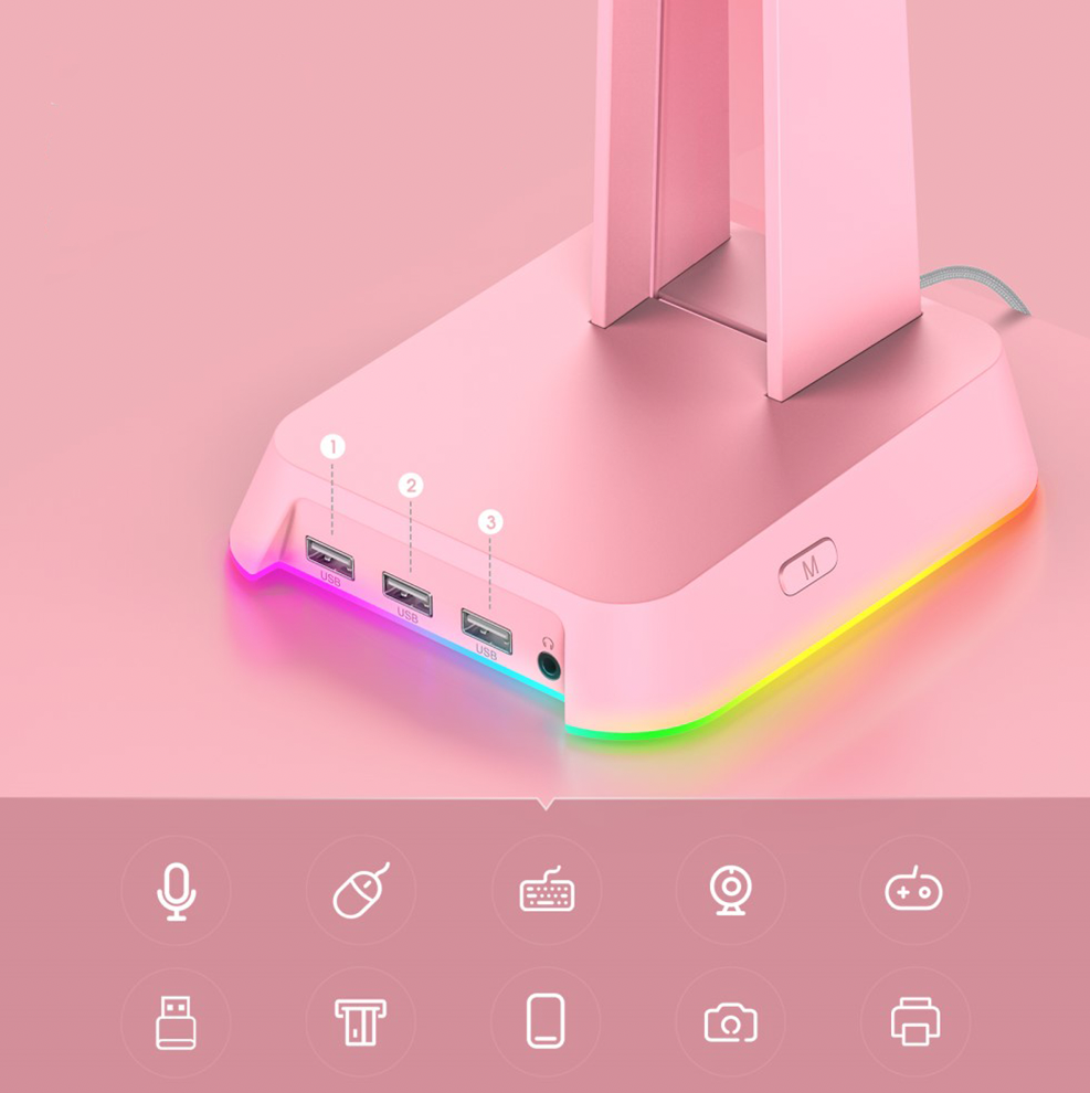 Gaming Kopfhörer Halterung Ständer für Over-Ear Headset mit 3x USB A / 3.5mm Klinke Anschluss   RGB Beleuchtung - Rosa