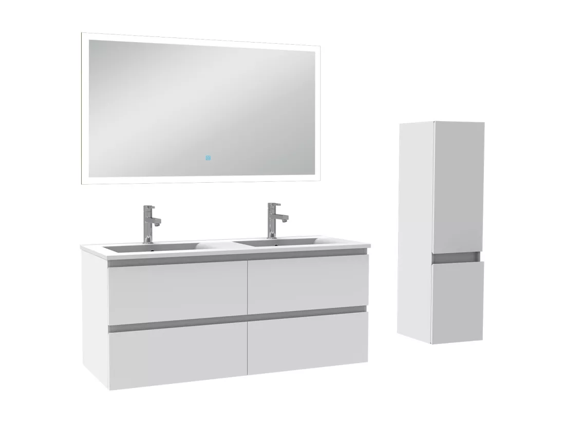 Ensemble meuble Salle de Bain 120cm avec vasque et colonne et miroir lumineux 3 couleurs blanc