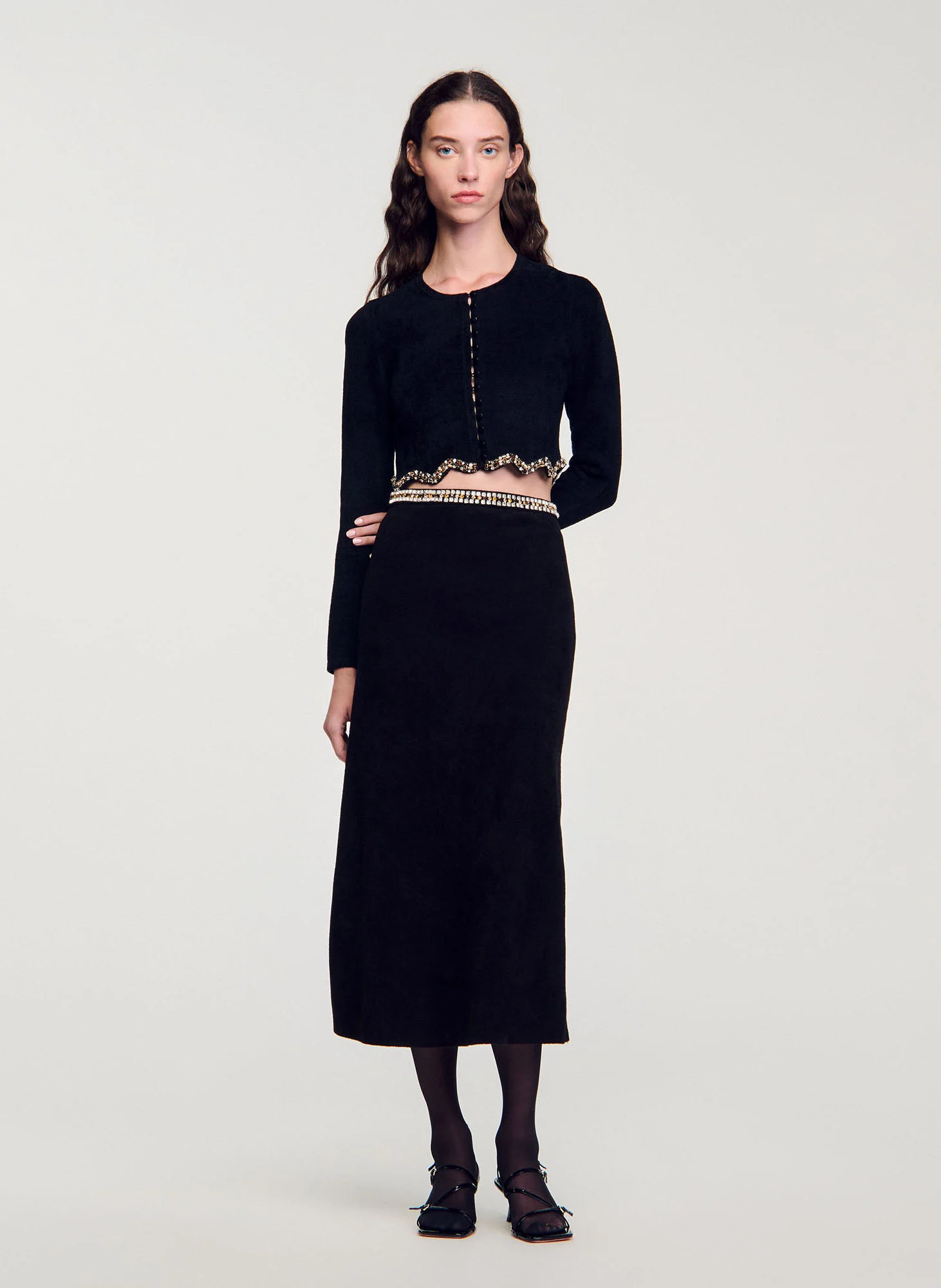 Cardigan court en maille velours strassé | Noir