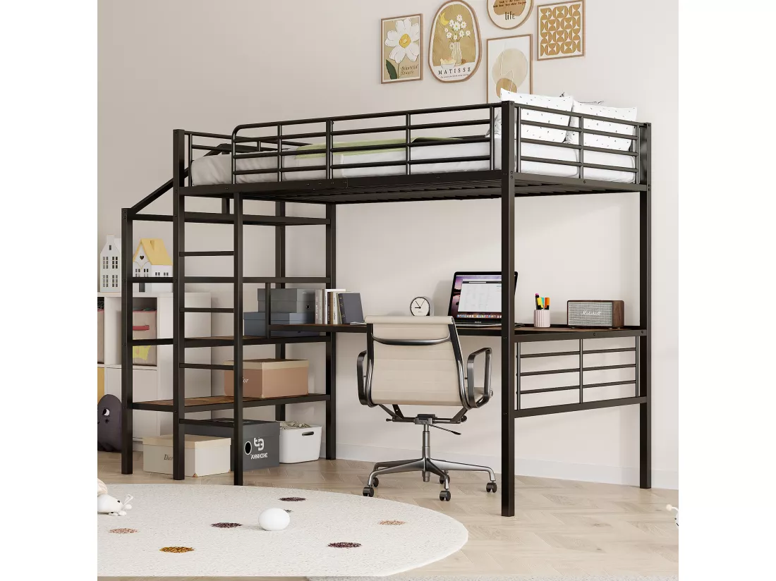 Lit mezzanine 90x200cm en métal - avec bureau et échelle de rangement - Noir