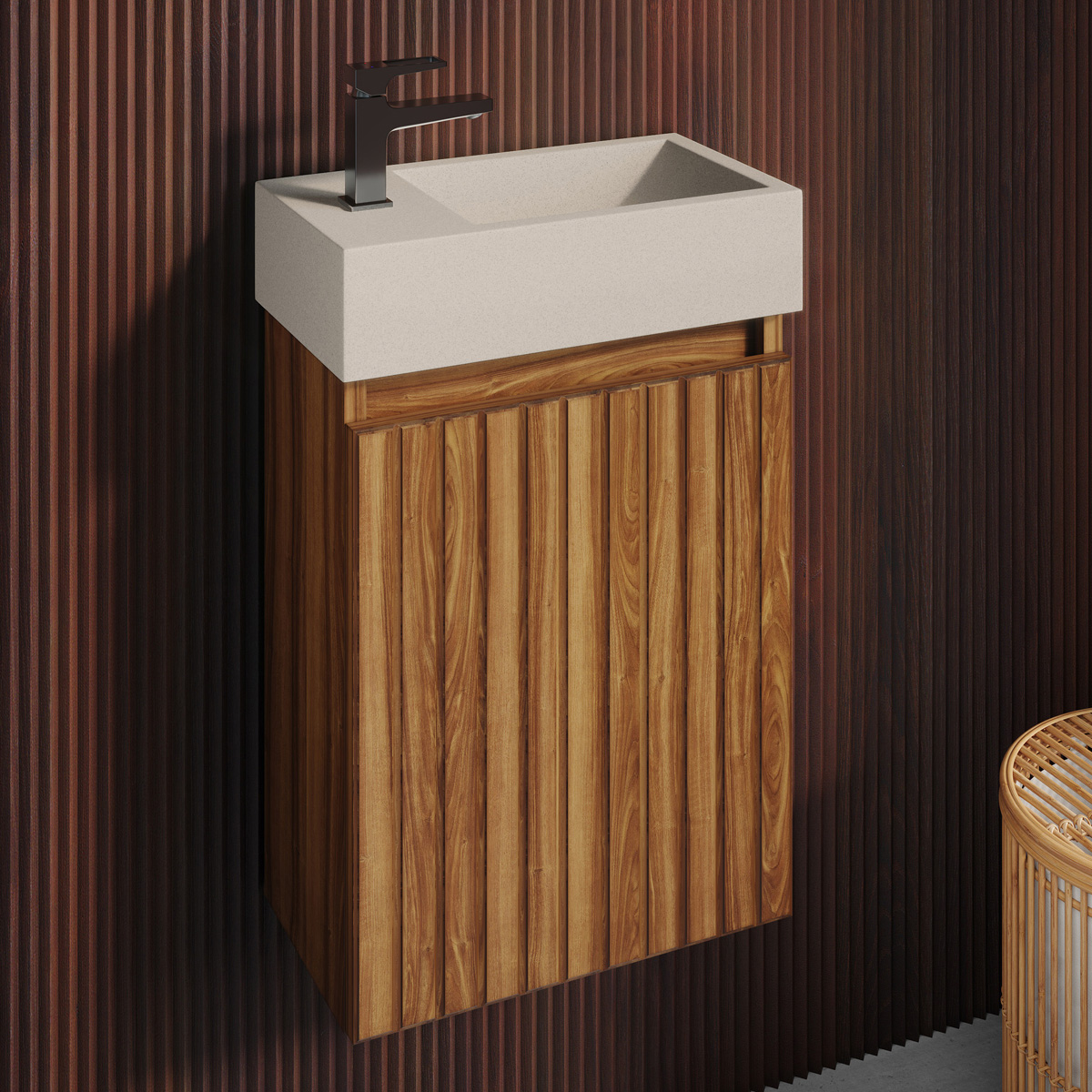 Fontana Crest toiletmeubel ribbelfront walnoot 40x22cm met beige fontein links