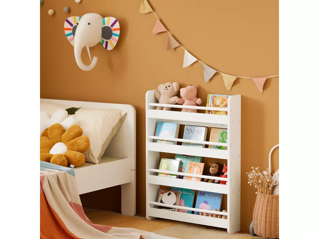 Bibliothèque Murale Étagère à Livres Enfants Étagère de Rangement avec 4 Étages, KMB08-K-W
