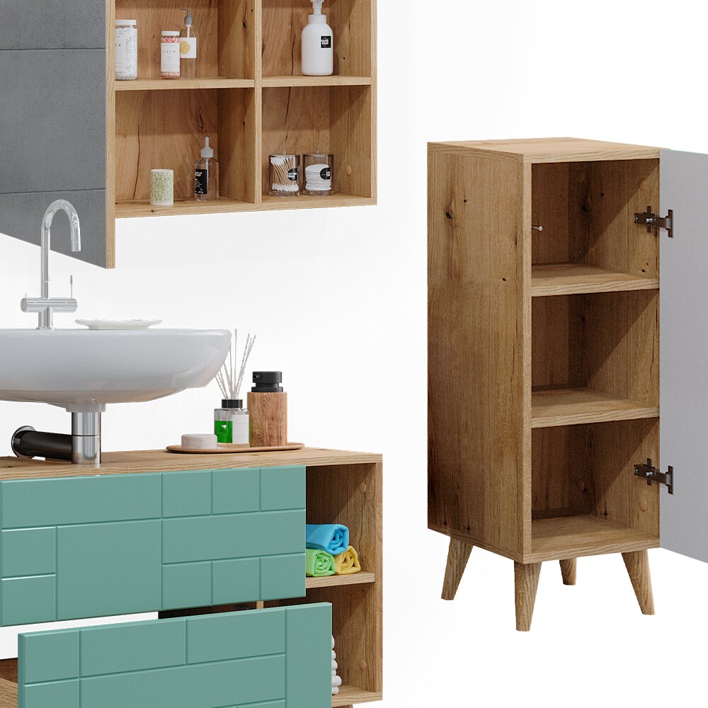Vicco Badmöbel-Set Rudi in Eiche Evoke Mintgrün, Badezimmer, moderne Badserie Waschbeckenunterschrank Spiegelschrank Midischrank