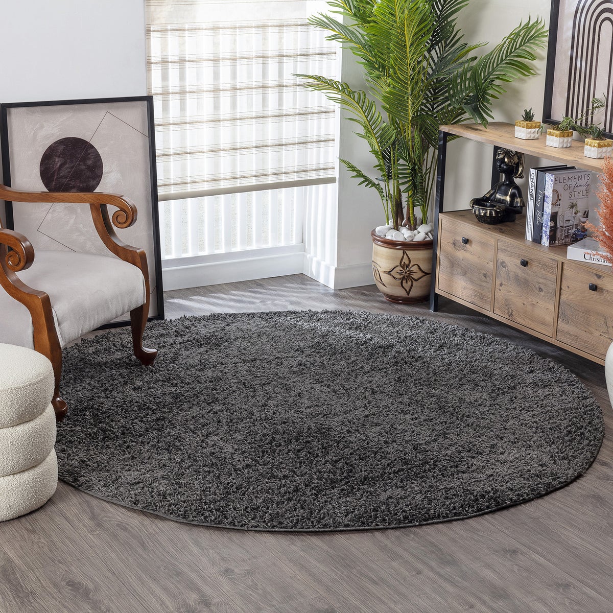 Modern hoogpolig rond shaggy vloerkleed, donkergrijs, Ø 160 cm, LILLY