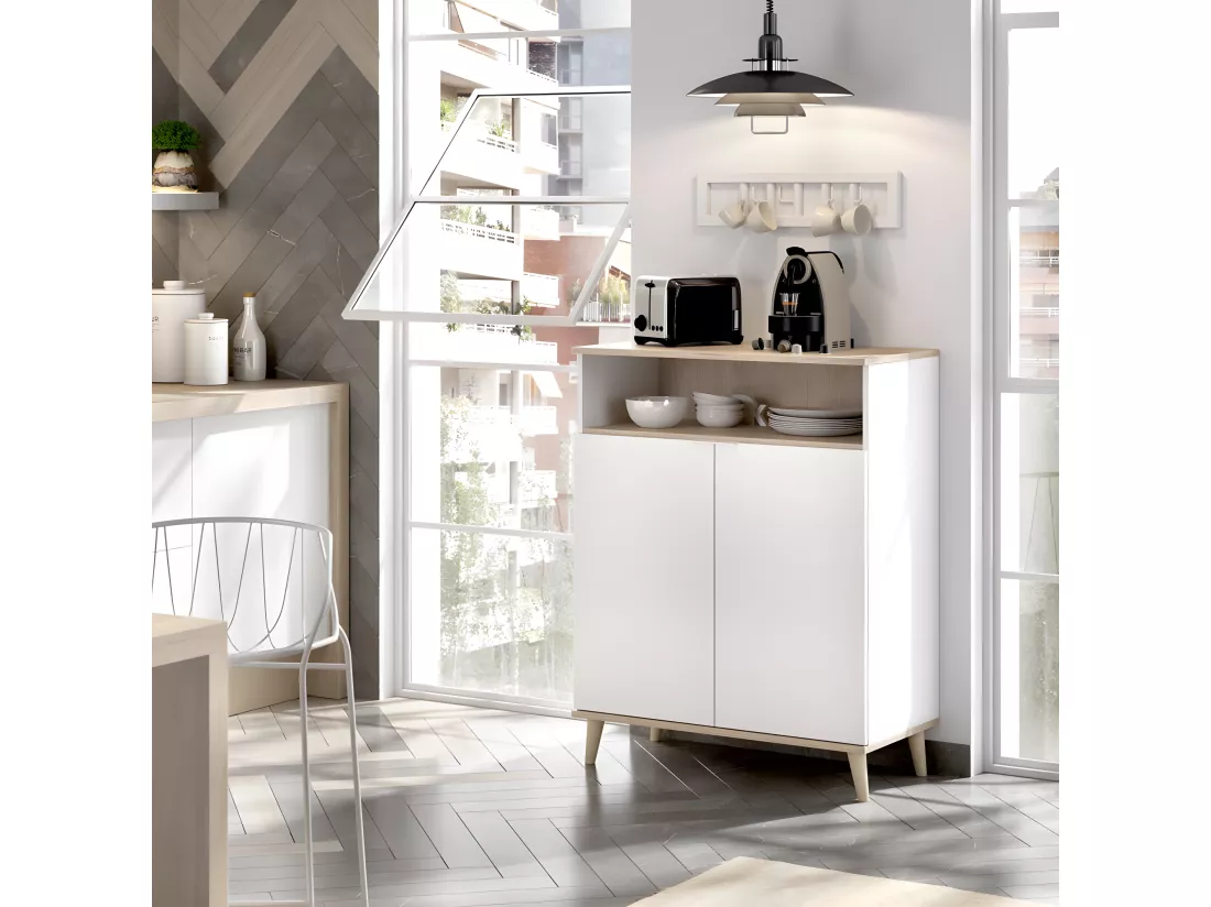 Buffet Meuble de cuisine coloris blanc/naturel - Longueur 79 x Profondeur 40 x Hauteur 102 cm