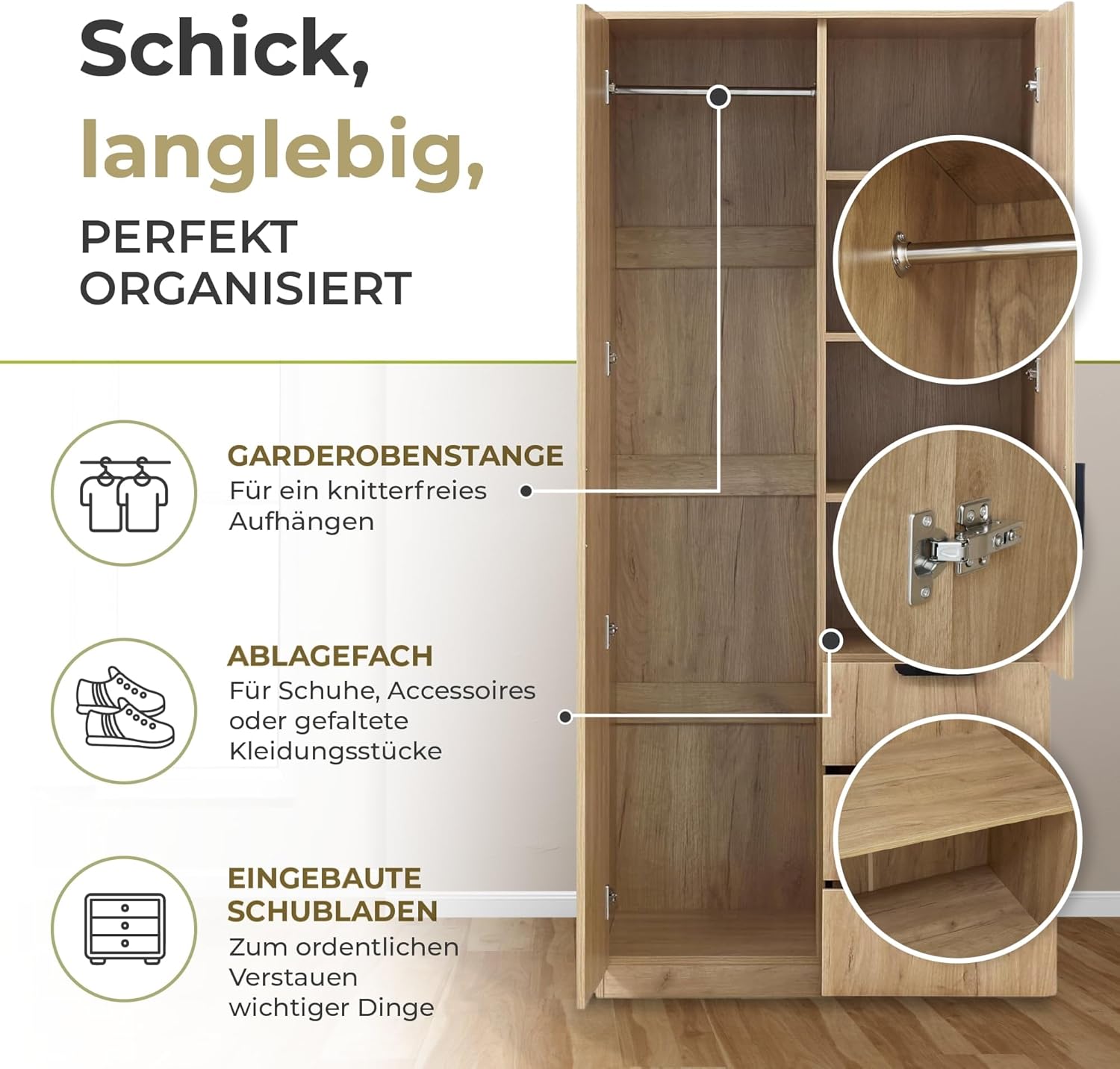 [en.casa] Kleiderschrank Eiselfing Schrank mit 2 Türen Garderobenschrank 176 x 80 x 52 cm Schlafzimmerschrank 1 Kleiderstange 4 Fächer 3 Schubladen Eicheoptik