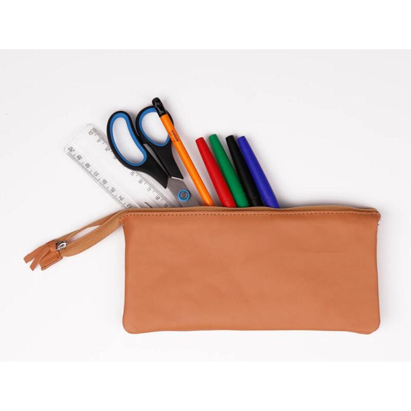 CUIR NATUREL Trousse en cuir plate avec 3 compartiments. - Naturel