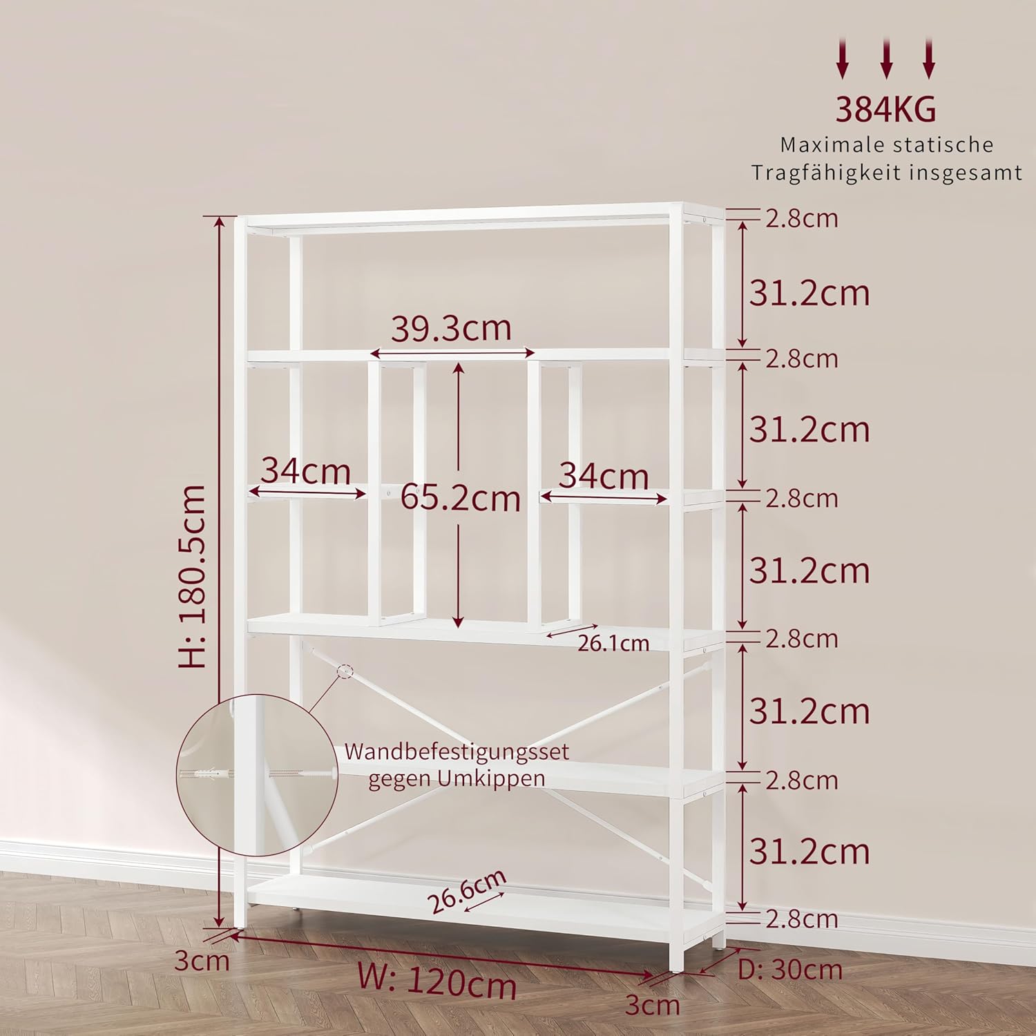 LVB Bücherregal Regal mit 6 Ebenen Wohnzimmer Standregal Holz Metall Bücherregal freistehend Dekoregal Modernes Design für Wohnzimmer Schlafzimmer Büro Weiß 30 x 120 x 180 cm